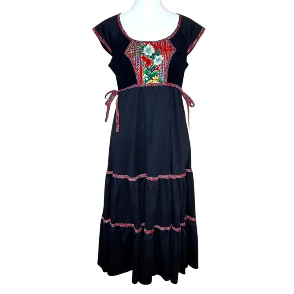 Vintage 70s Jody T California Floral Bib Black Tiered Midi Dress 9 Western Boho